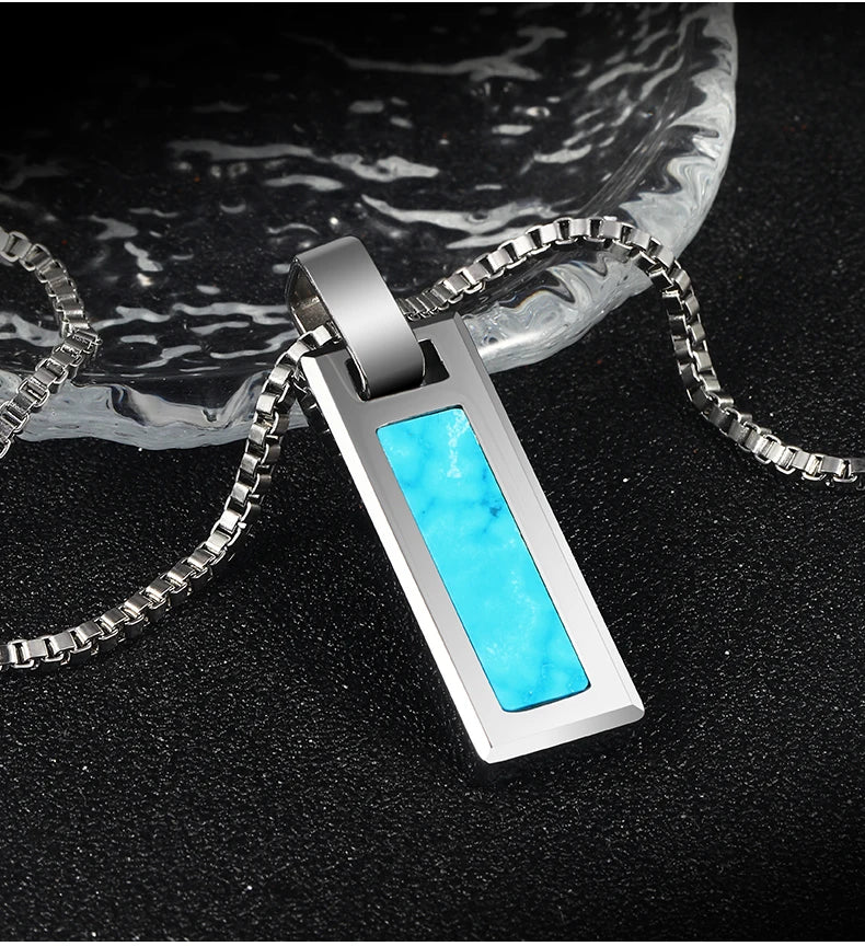 Necklace for Men Natural Turquoise Pendant High end Trendy Brand Tungsten Black Agate Fashion Versatile，Engraving