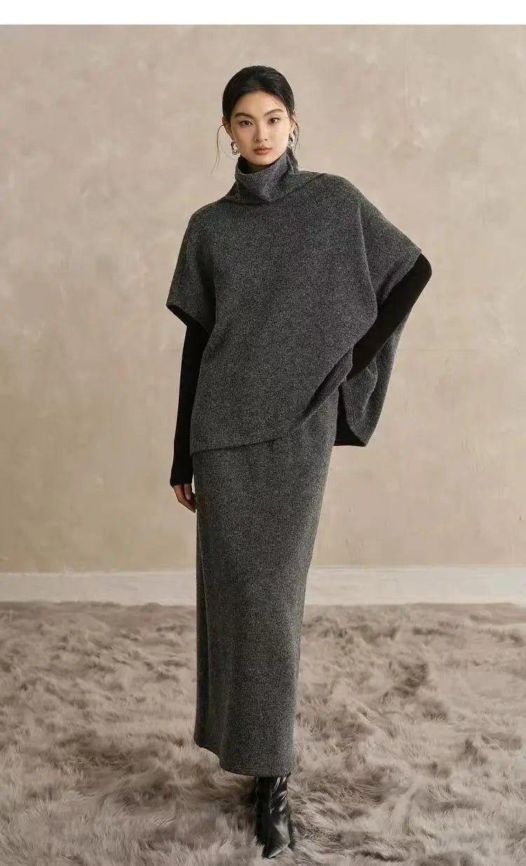 Women's New Shawl Cape High Neck Knitted Scarf 100% Wool Autumn Winter Loose Warm Sweater Versatile Fashion Outerwear Bat Shirts