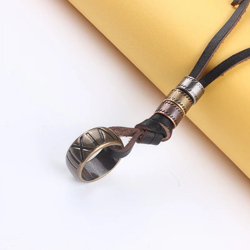 Man Necklace Personality Fashion Alloy Ring Roman Numeral Pendant Vintage Punk Leather Necklace for Men Hand-woven Necklace Gift