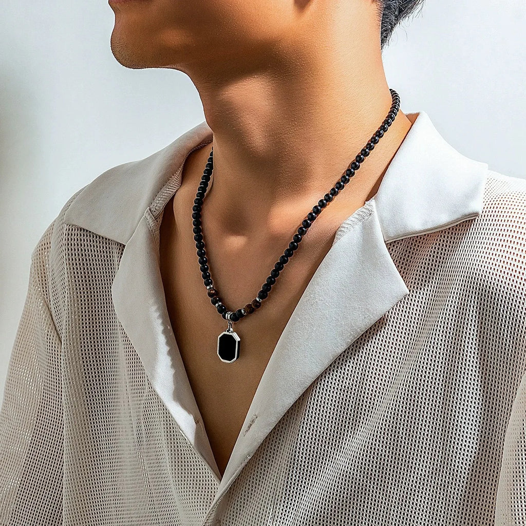 Black Beads with Square Pendant Necklace for Men Trendy Accessories on The Neck Collar 2025 Fashion Jewelry Male Decoration