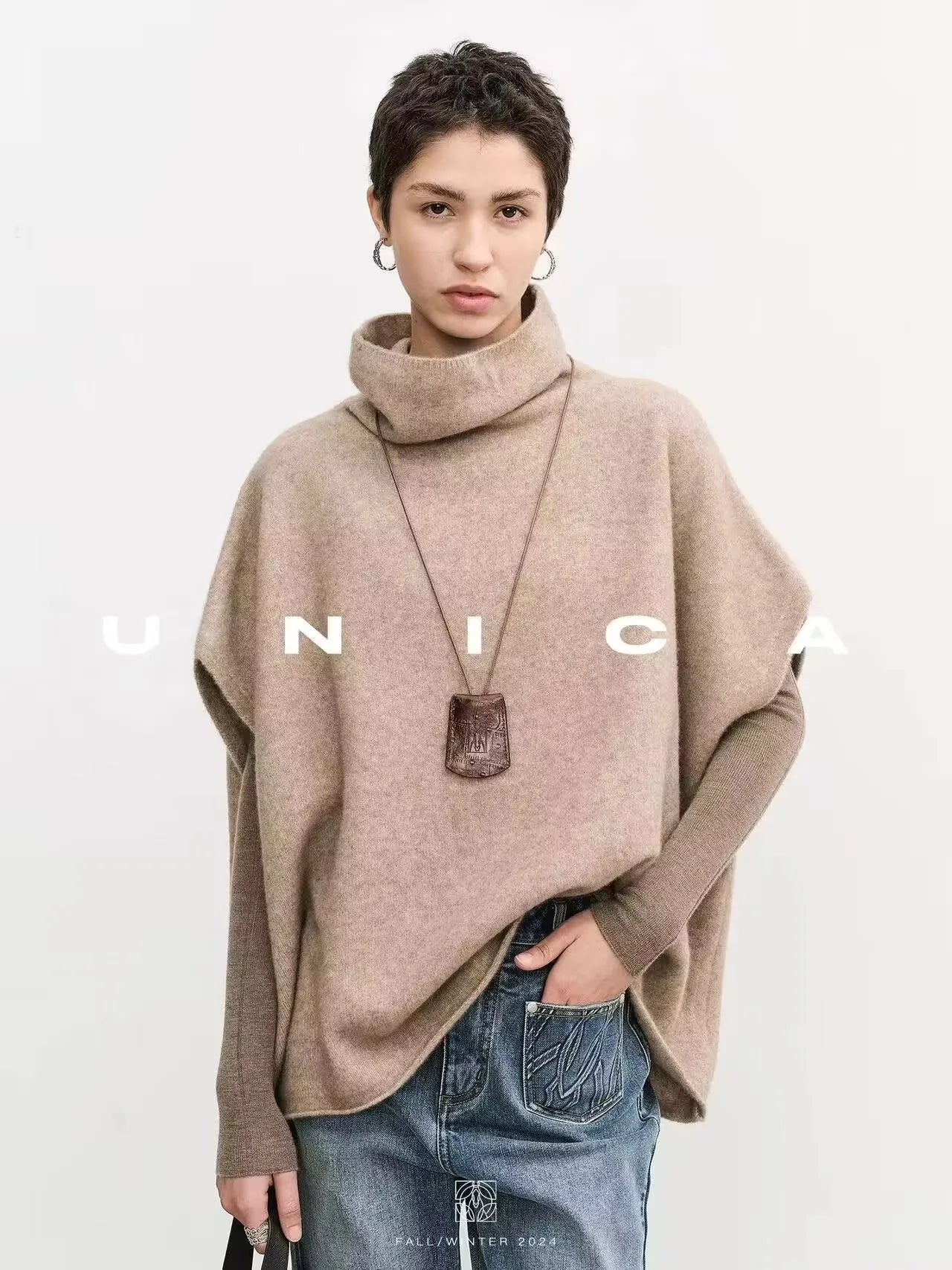 Women's New Shawl Cape High Neck Knitted Scarf 100% Wool Autumn Winter Loose Warm Sweater Versatile Fashion Outerwear Bat Shirts