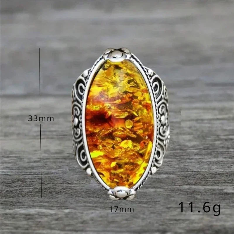 European and American Creative Retro Imitation Amber Ring Bohemian Ethnic Style Ancient Silver Carved Men's Ring