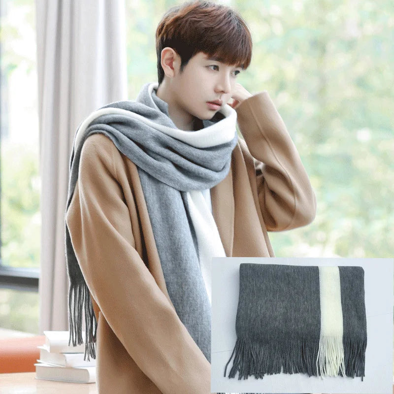 Simple Men's Scarf Autumn and Winter Warm Thickened Woolen Scarf Fashionable Versatile Neck Warm Neckerchief Striped Color Block