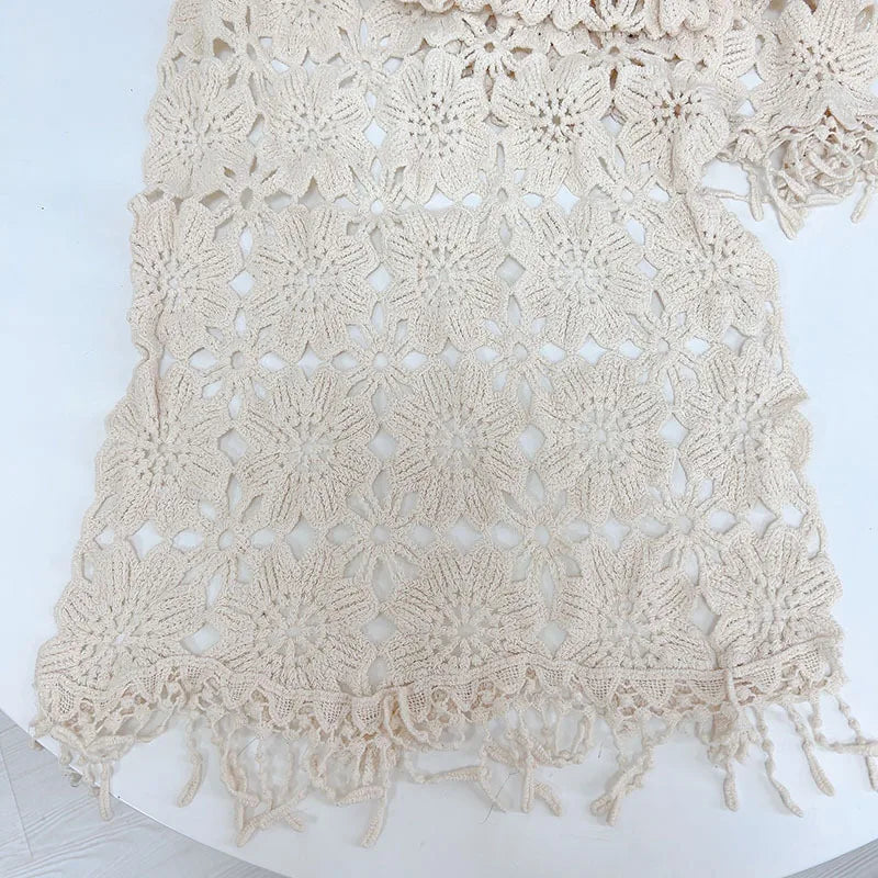 Lace Crocheted Knitted Shawl Women Fashion Ivory Solid Cotton Lace Scarf 40*190cm
