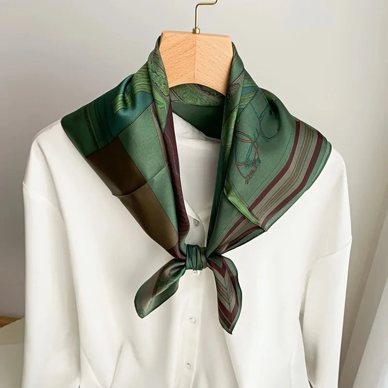 Women's Fashion Soft Satin Scarf Vintage Style Versatile Green Square Scarf Lightweight Shawl Windproof Sun Protection Hairbands