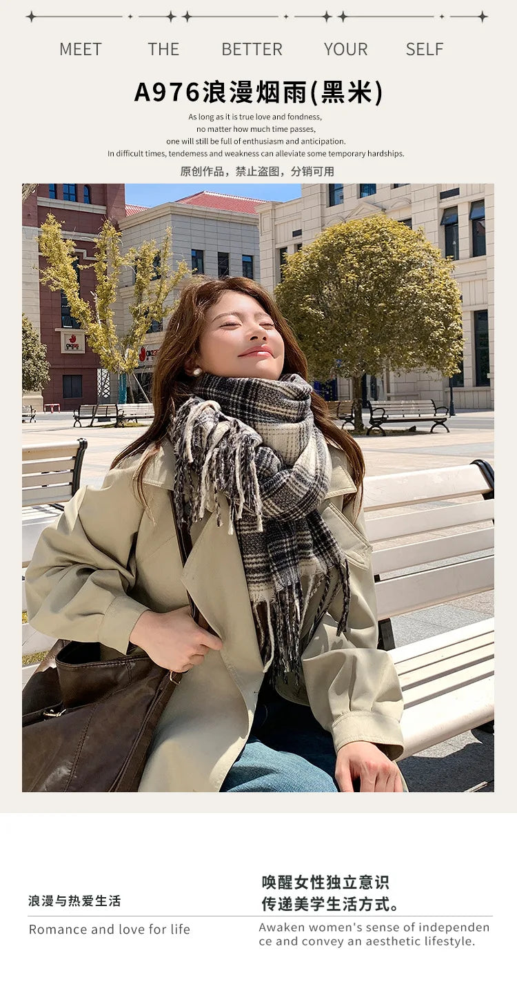 Women's Fashion Scarf New Sweet Style Sacrf Autumn Winter Checkered Scarf New Versatile Warm Couple's Scarf Shawl Korean Style