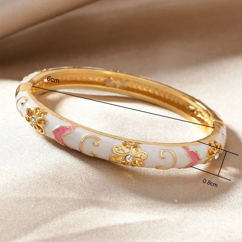 Bracelets for Women Enamel Flowers Inlaid with Zircon Metal Girls Retro Gold Chinese Viking Cuff Bracelet Jewelry Party Gift