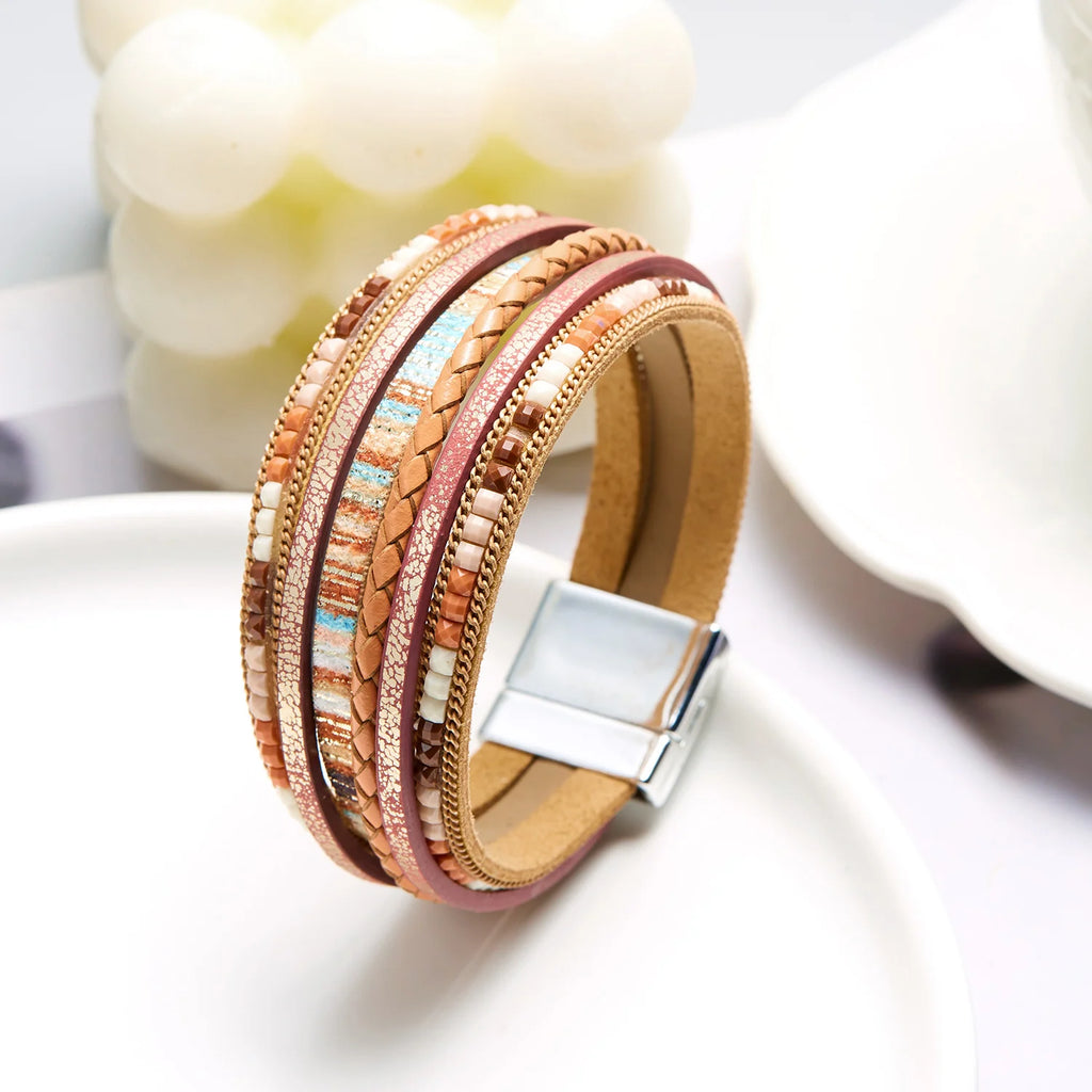 Multilayer Brown Leather Bracelet For Women Fashion Creative Bohemian Handmade Woven Magnetic Clasp Bracelet Jewelry Gift