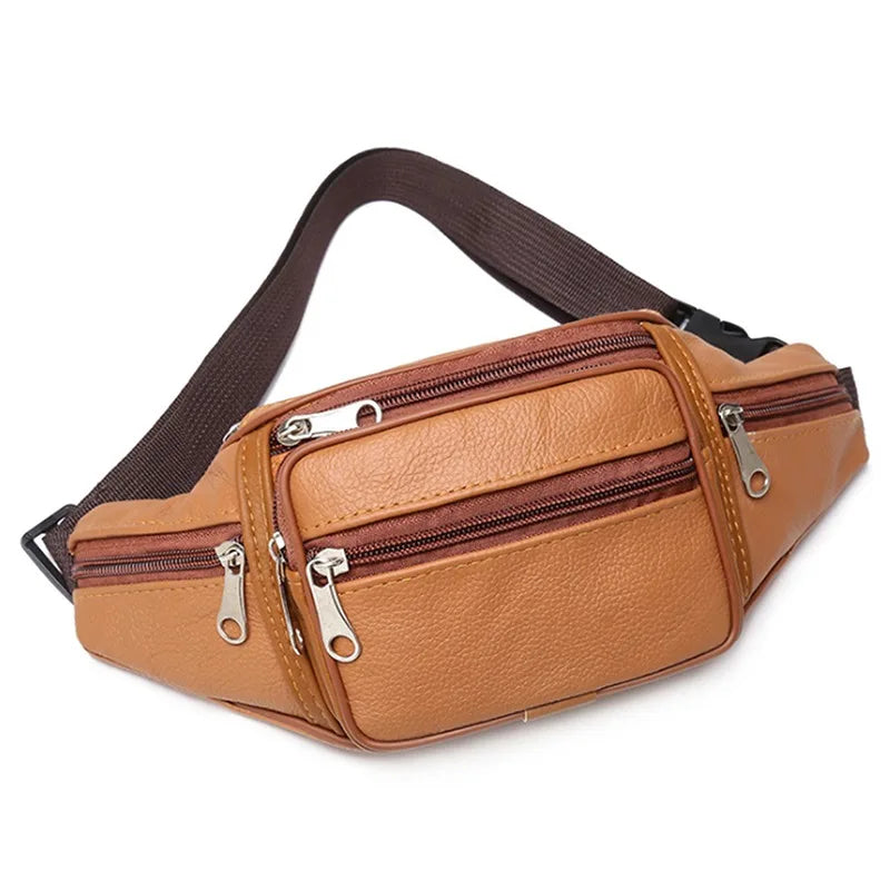 Fashion Men Leather Fanny Bag for Phone Pouch Male Leather Messenger Bags Brand Fanny Pack Male Travel Waist Bag