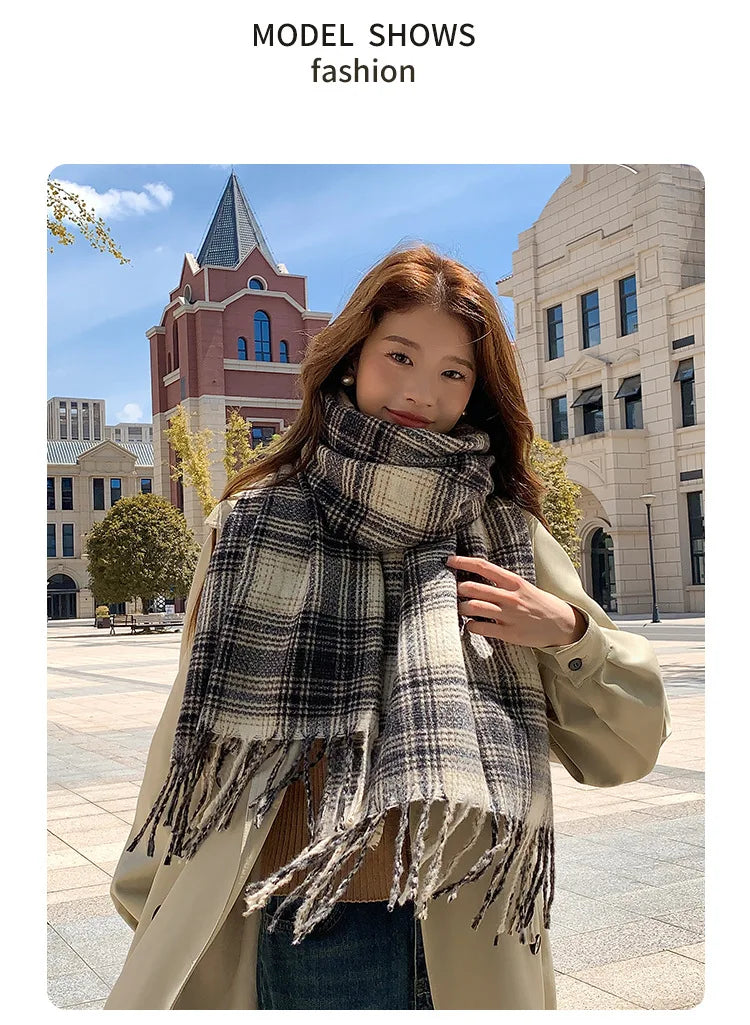 Women's Fashion Scarf New Sweet Style Sacrf Autumn Winter Checkered Scarf New Versatile Warm Couple's Scarf Shawl Korean Style