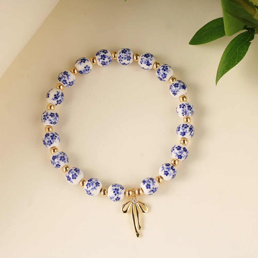 gold jewelry bow bracelets for women blue and white porcelain ceramics beaded bangles jewellery pulseras