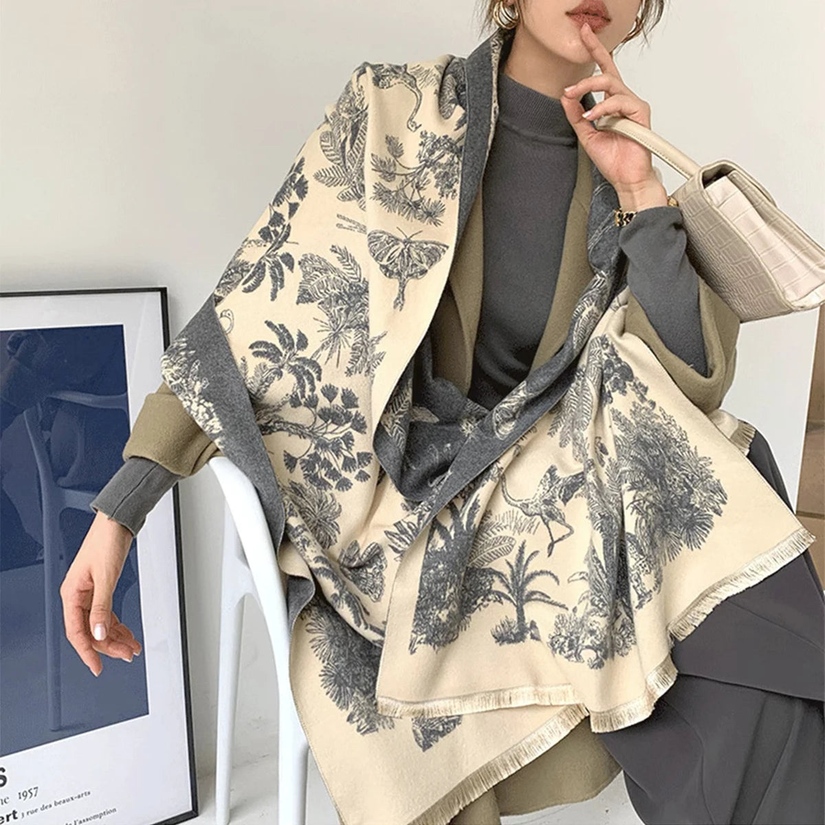 Air-conditioning Shawl for Women in Autumn and Winter Office Nap Knitted Blanket Imitation Cashmere Tassel Mid-length Warm Scarf