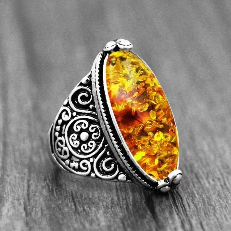 European and American Creative Retro Imitation Amber Ring Bohemian Ethnic Style Ancient Silver Carved Men's Ring