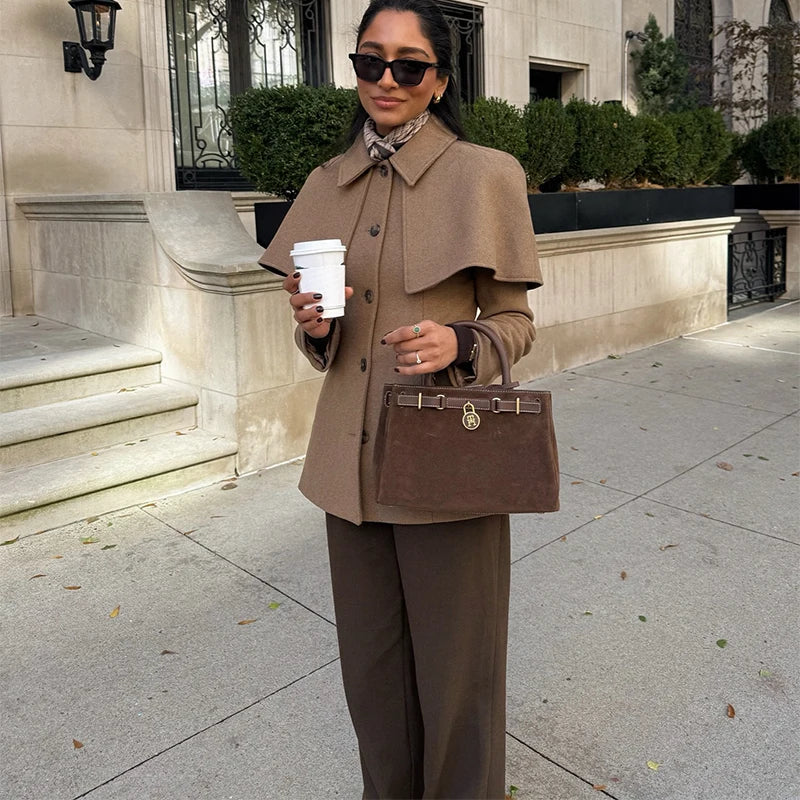 Zaza Chic Shawl Woolen Jacket For Women Long Sleeve Single Breasted Lapel Cape Coat 2025 New Lady Autumn Winter Outwears