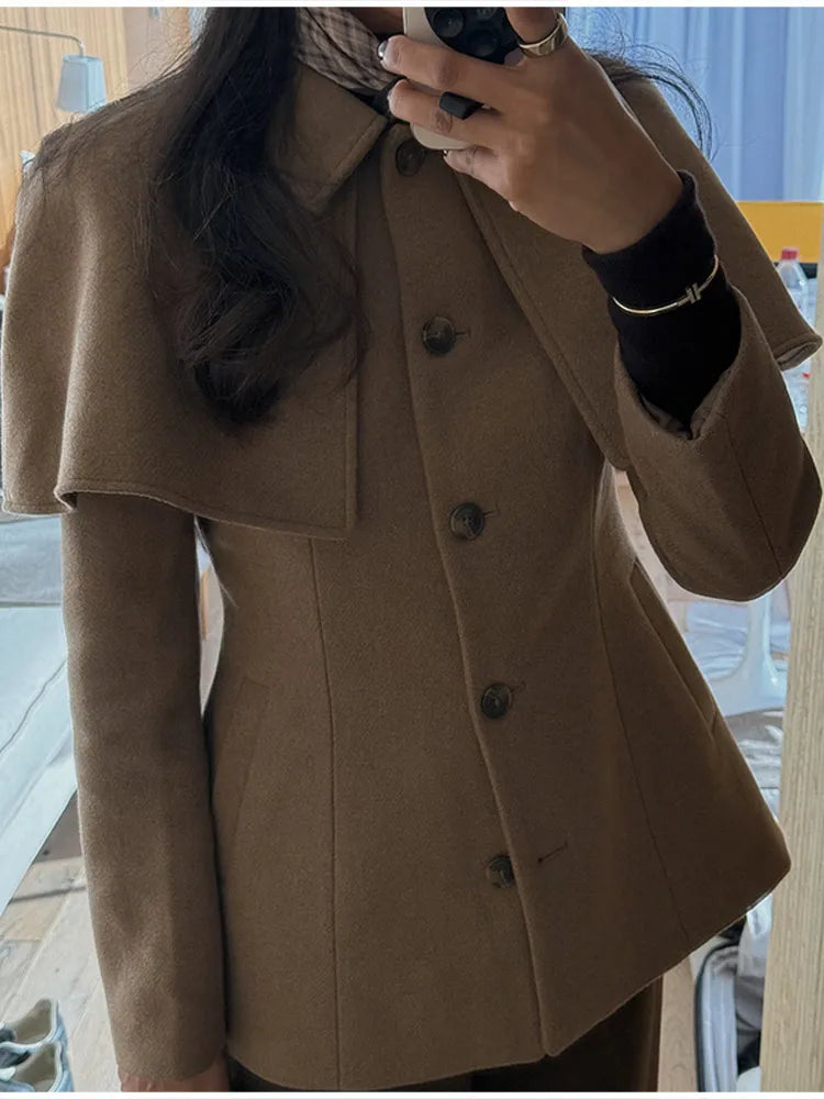 Zaza Chic Shawl Woolen Jacket For Women Long Sleeve Single Breasted Lapel Cape Coat 2025 New Lady Autumn Winter Outwears