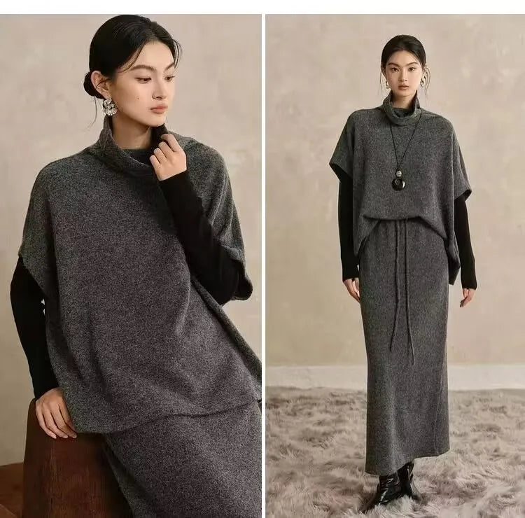 Women's New Shawl Cape High Neck Knitted Scarf 100% Wool Autumn Winter Loose Warm Sweater Versatile Fashion Outerwear Bat Shirts