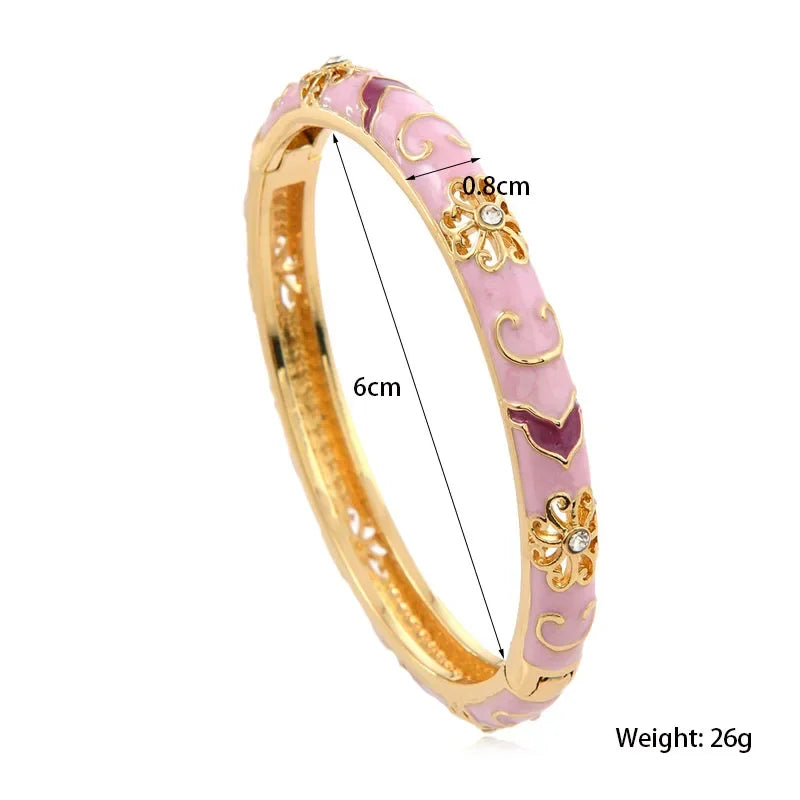 Bracelets for Women Enamel Flowers Inlaid with Zircon Metal Girls Retro Gold Chinese Viking Cuff Bracelet Jewelry Party Gift