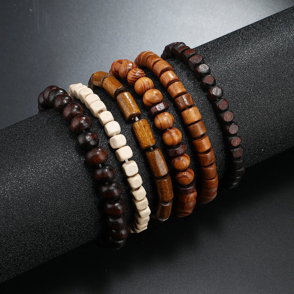 Men Retro Folk Style Jewelry Design Diverse Multi-color Multi-layer Suit Wooden Beads Elastic Bracelet  Jewelry For Men
