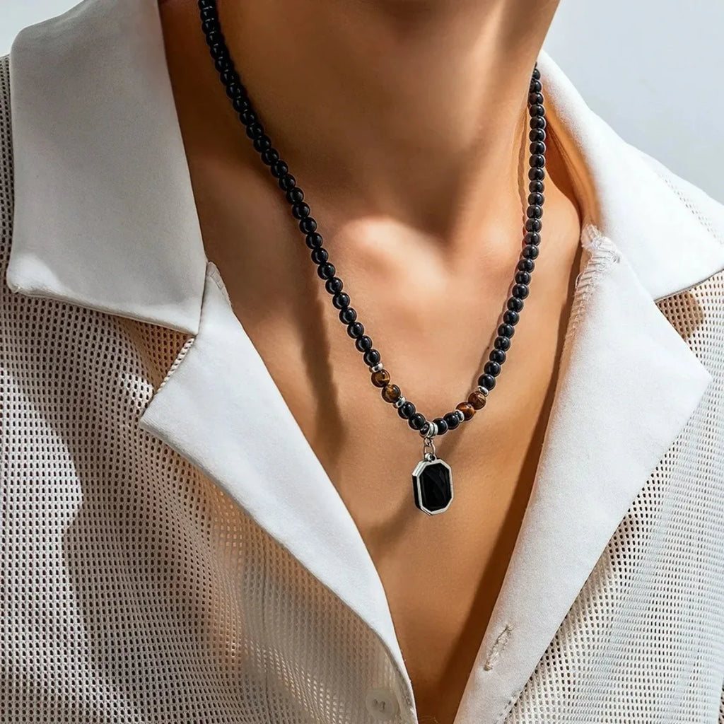 Black Beads with Square Pendant Necklace for Men Trendy Accessories on The Neck Collar 2025 Fashion Jewelry Male Decoration