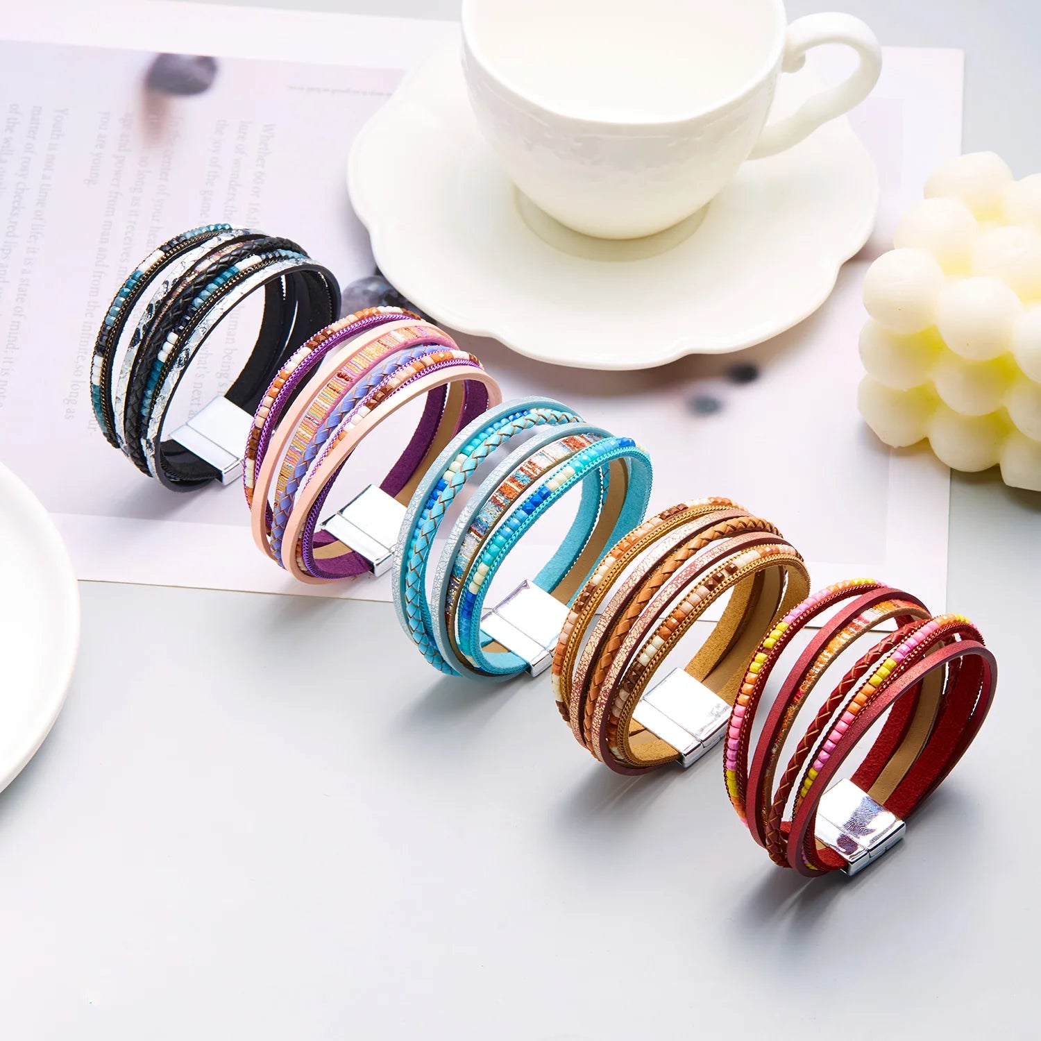 Multilayer Brown Leather Bracelet For Women Fashion Creative Bohemian Handmade Woven Magnetic Clasp Bracelet Jewelry Gift