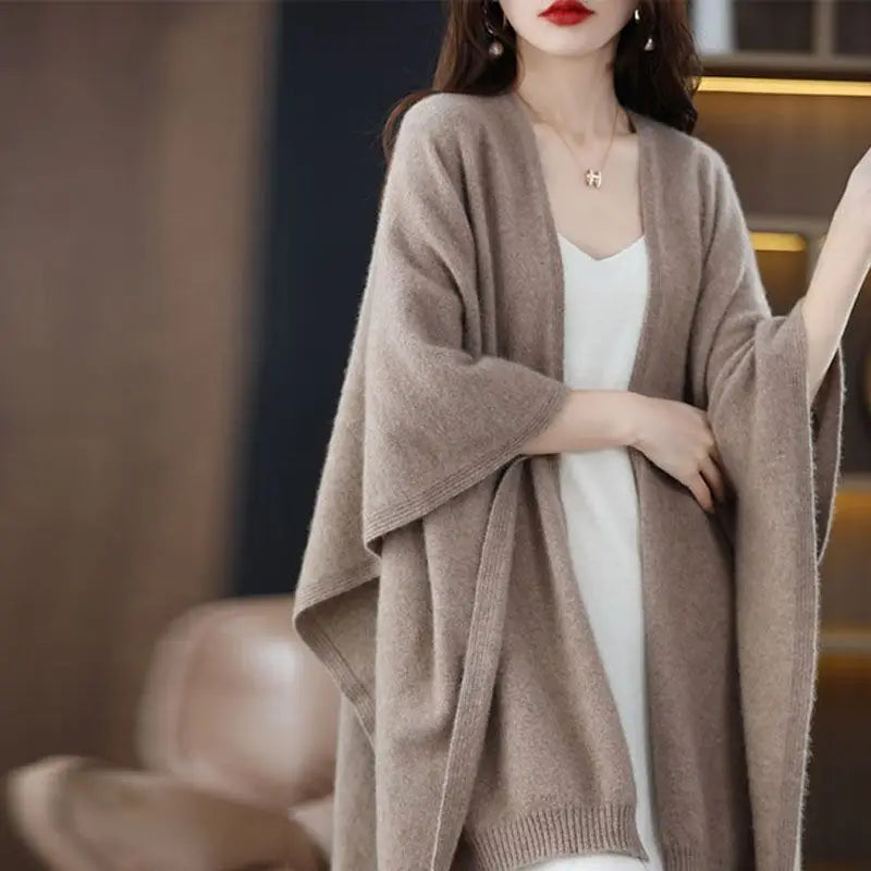 Shawl Cape Sweater Cardigan Women's 2024 Spring and Autumn New Style Outerwear Loose Knit Sweater Jacket Medium Long Style