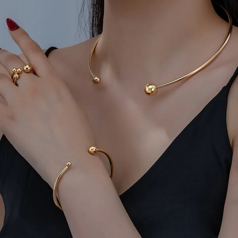 Jewelry Set For Women Smooth Opening Minimalist Ring Bracelet Necklace Fashion Geometric Party Gift Holiday DS012
