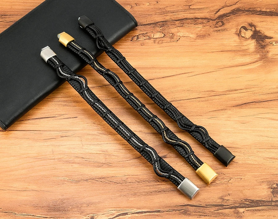 XQNI Stainless Steel Leather Bracelet For Mens Chain Charm Jewelry Magnetic Clasp Bangle for Dad Boyfriend Lover Birthday Gifts