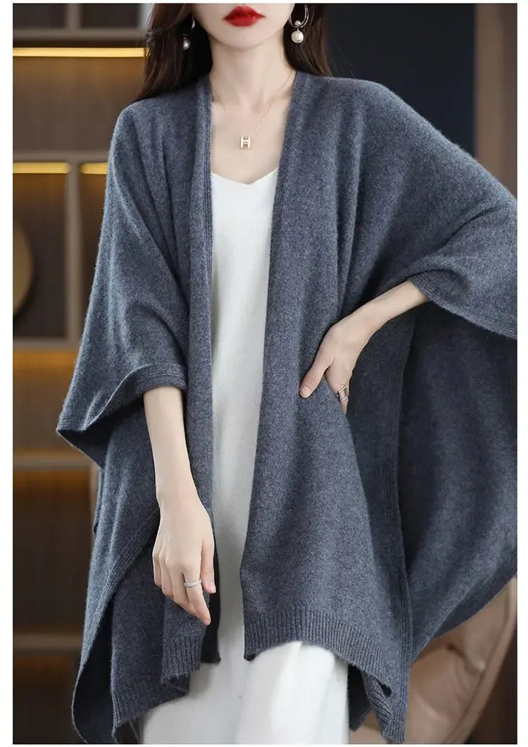 Shawl Cape Sweater Cardigan Women's 2024 Spring and Autumn New Style Outerwear Loose Knit Sweater Jacket Medium Long Style