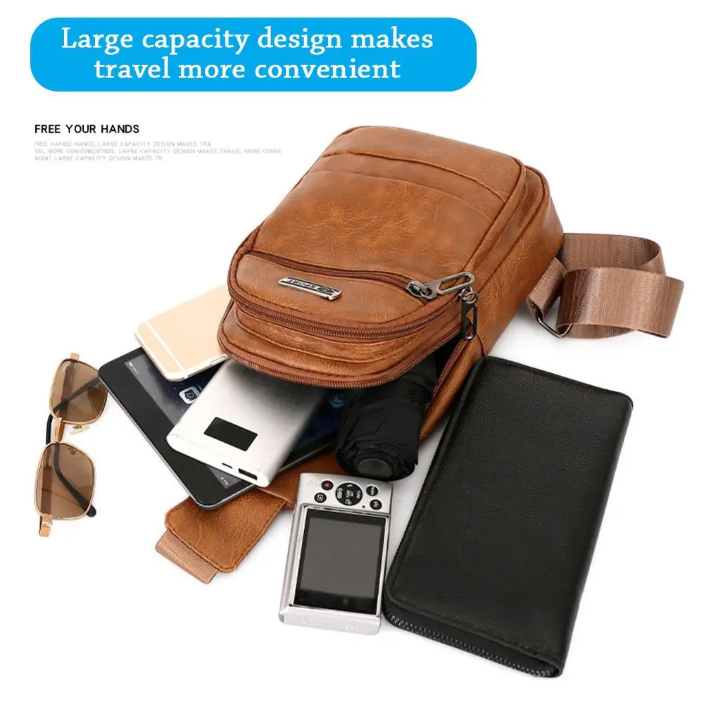 Fashion Men Bags Leather Chest Shoulder Crossbody Bag Zipper Pack Sling Shoulder Bag Outdoor Travel Bags
