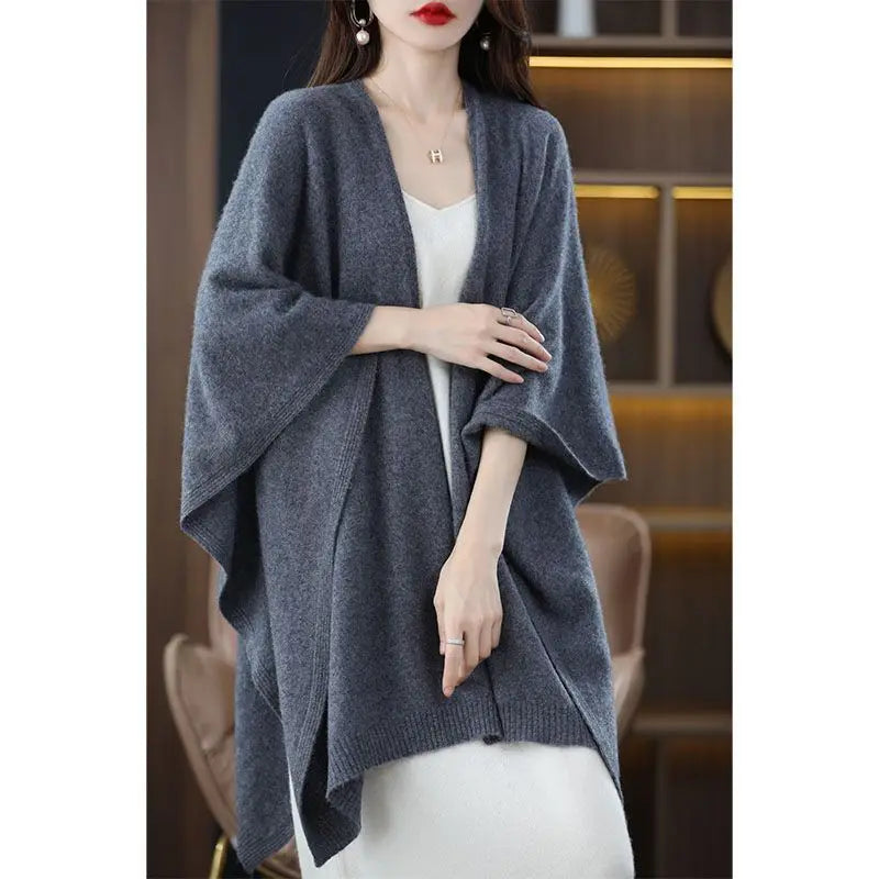 Shawl Cape Sweater Cardigan Women's 2024 Spring and Autumn New Style Outerwear Loose Knit Sweater Jacket Medium Long Style