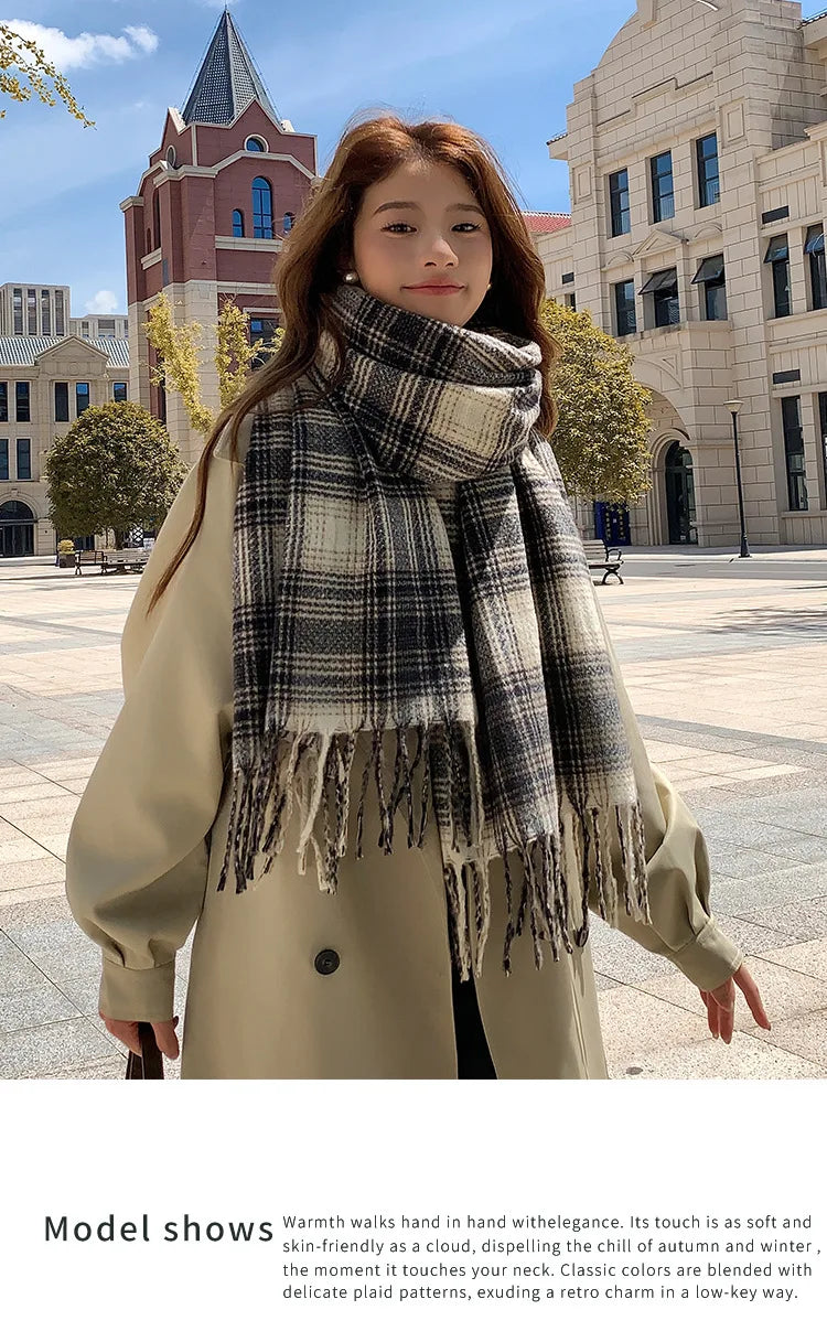 Women's Fashion Scarf New Sweet Style Sacrf Autumn Winter Checkered Scarf New Versatile Warm Couple's Scarf Shawl Korean Style