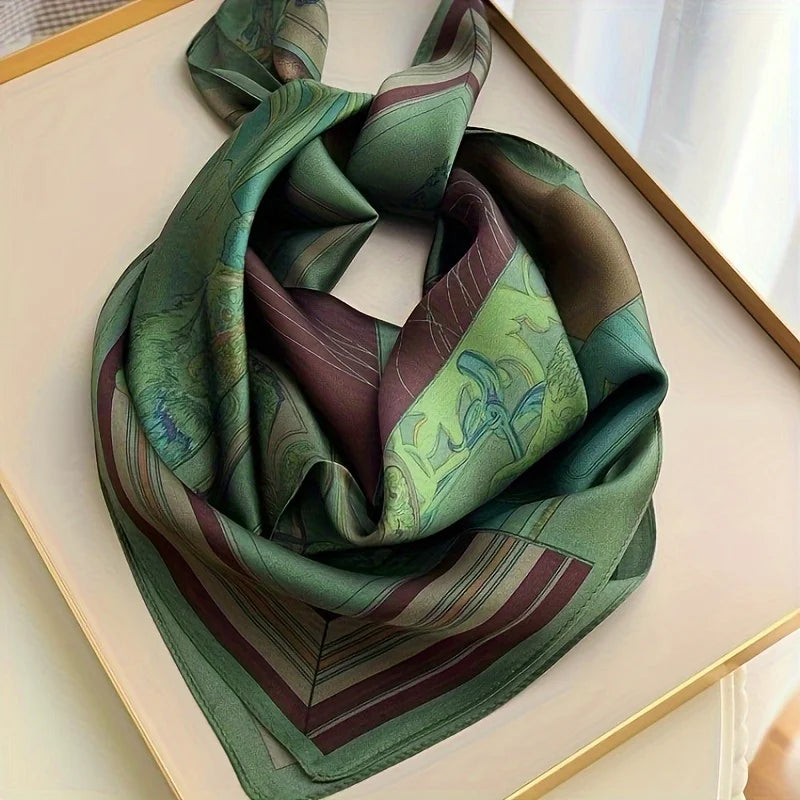 Women's Fashion Soft Satin Scarf Vintage Style Versatile Green Square Scarf Lightweight Shawl Windproof Sun Protection Hairbands