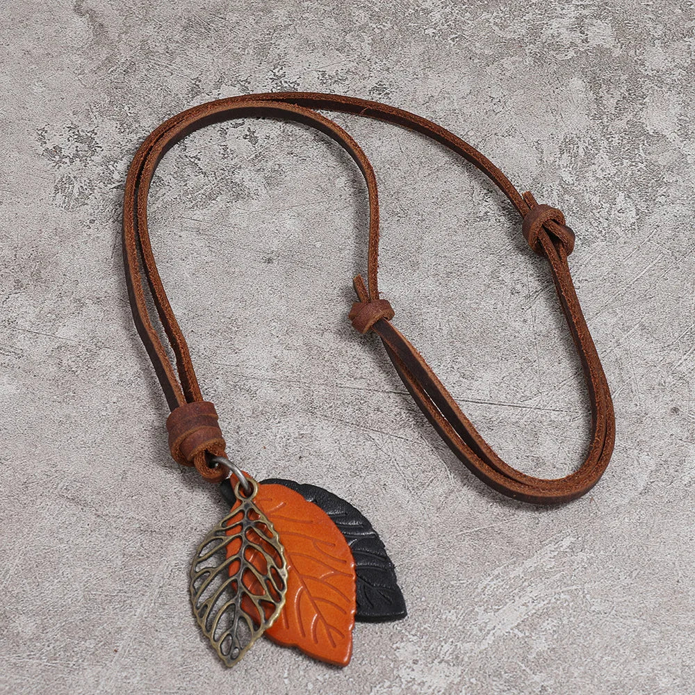 Men's Leather Braided Rope Chain Necklace Vintage Handmade Leaf Pendant Adjust Choker NecK Jewelry