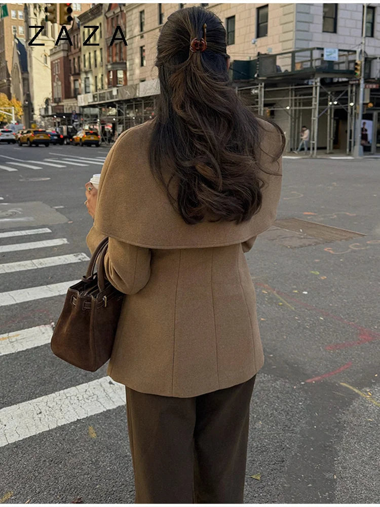Zaza Chic Shawl Woolen Jacket For Women Long Sleeve Single Breasted Lapel Cape Coat 2025 New Lady Autumn Winter Outwears
