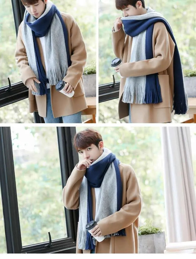 Fashion Classic Men Scarf Korean Version Warm Knitted Thick Thermal Simple Solid Muffler Winter Long Soft Windproof Scarves Male