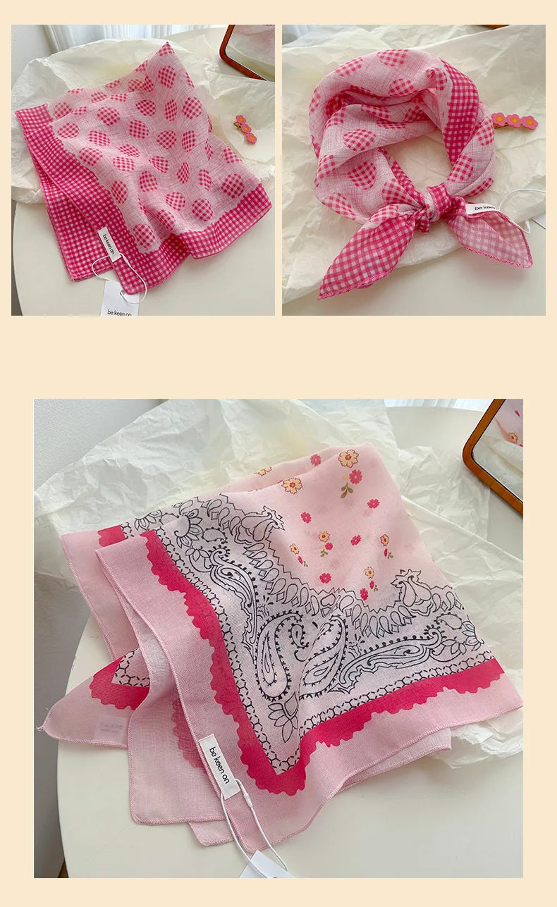 Women's Silk Scarf Fresh Breathable Soft Artistic Decorative Small Silk Scarf Retro Versatile Floral Cotton Linen Square Scarf