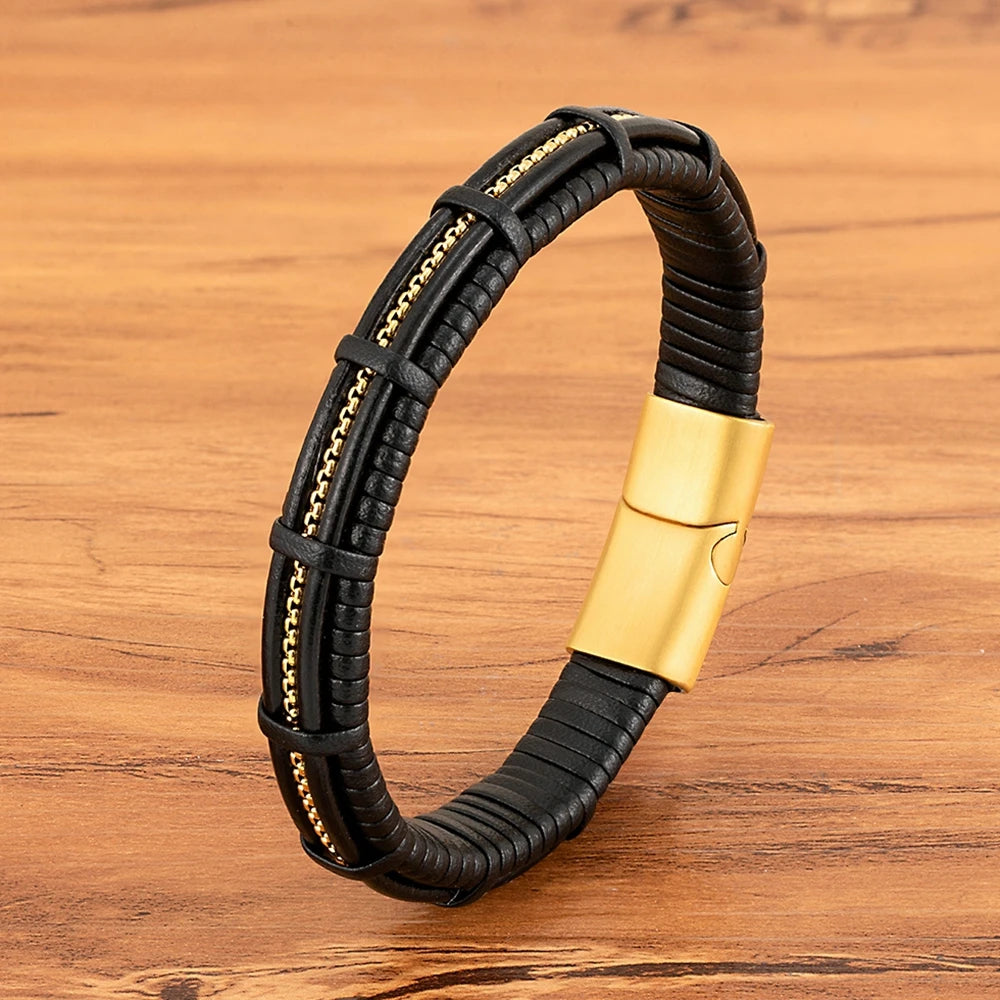 XQNI Stainless Steel Leather Bracelet For Mens Chain Charm Jewelry Magnetic Clasp Bangle for Dad Boyfriend Lover Birthday Gifts