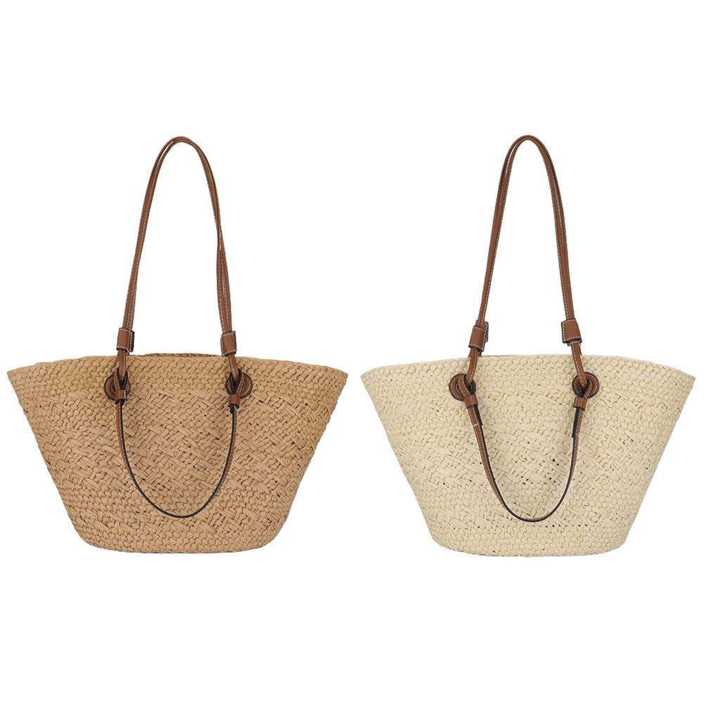 Women Woven Tote Bag Fashion Shoulder Bag Large Capacity Summer Beach Bags Simple Woven Handbag Chic Hobo Bag for Outdoor Travel