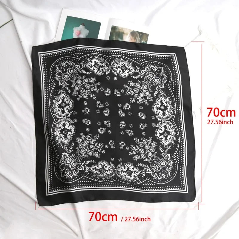 Women Scarf 70cm Black Hip Hop Bandana Kerchief Paisley Printed Hijab Headwear Wrist Hairwrap Square Scarves Print Handkerchief