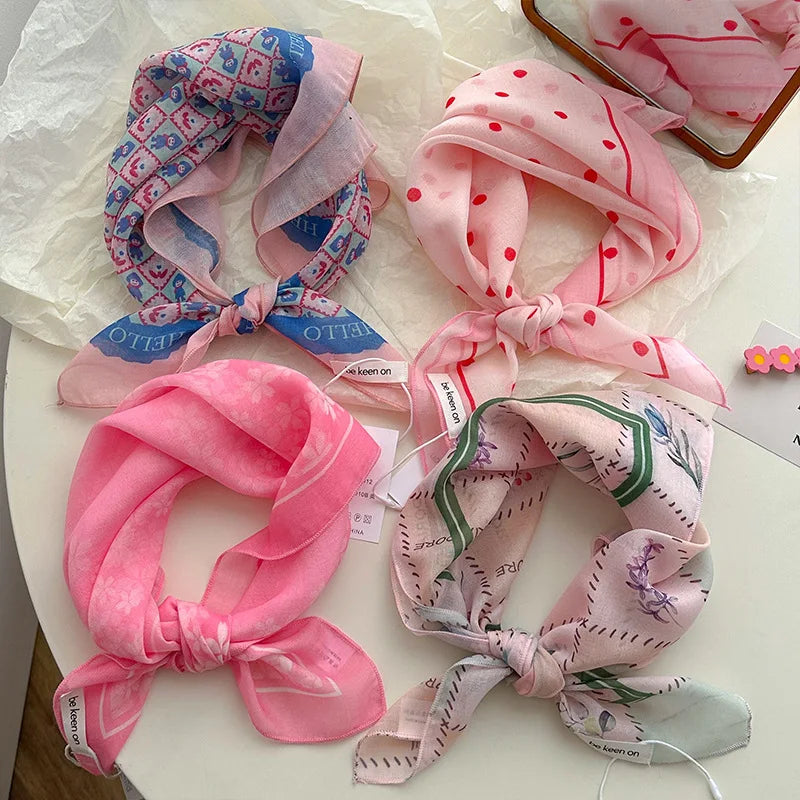 Women's Silk Scarf Fresh Breathable Soft Artistic Decorative Small Silk Scarf Retro Versatile Floral Cotton Linen Square Scarf