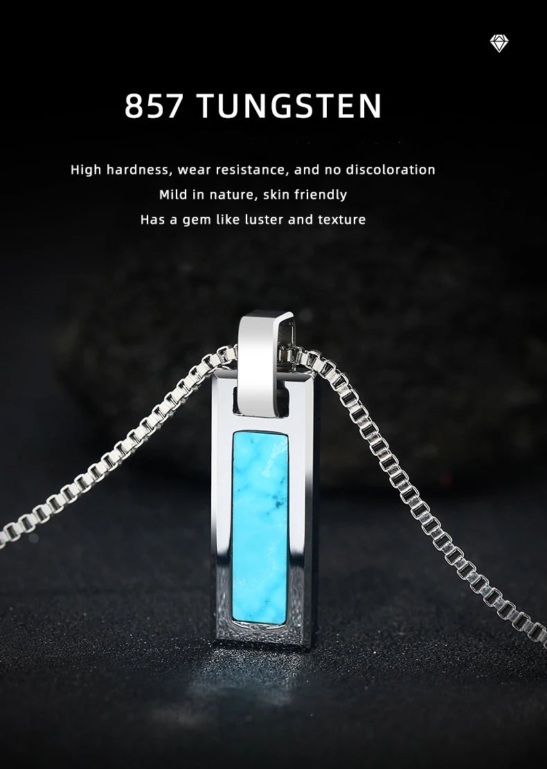 Necklace for Men Natural Turquoise Pendant High end Trendy Brand Tungsten Black Agate Fashion Versatile，Engraving