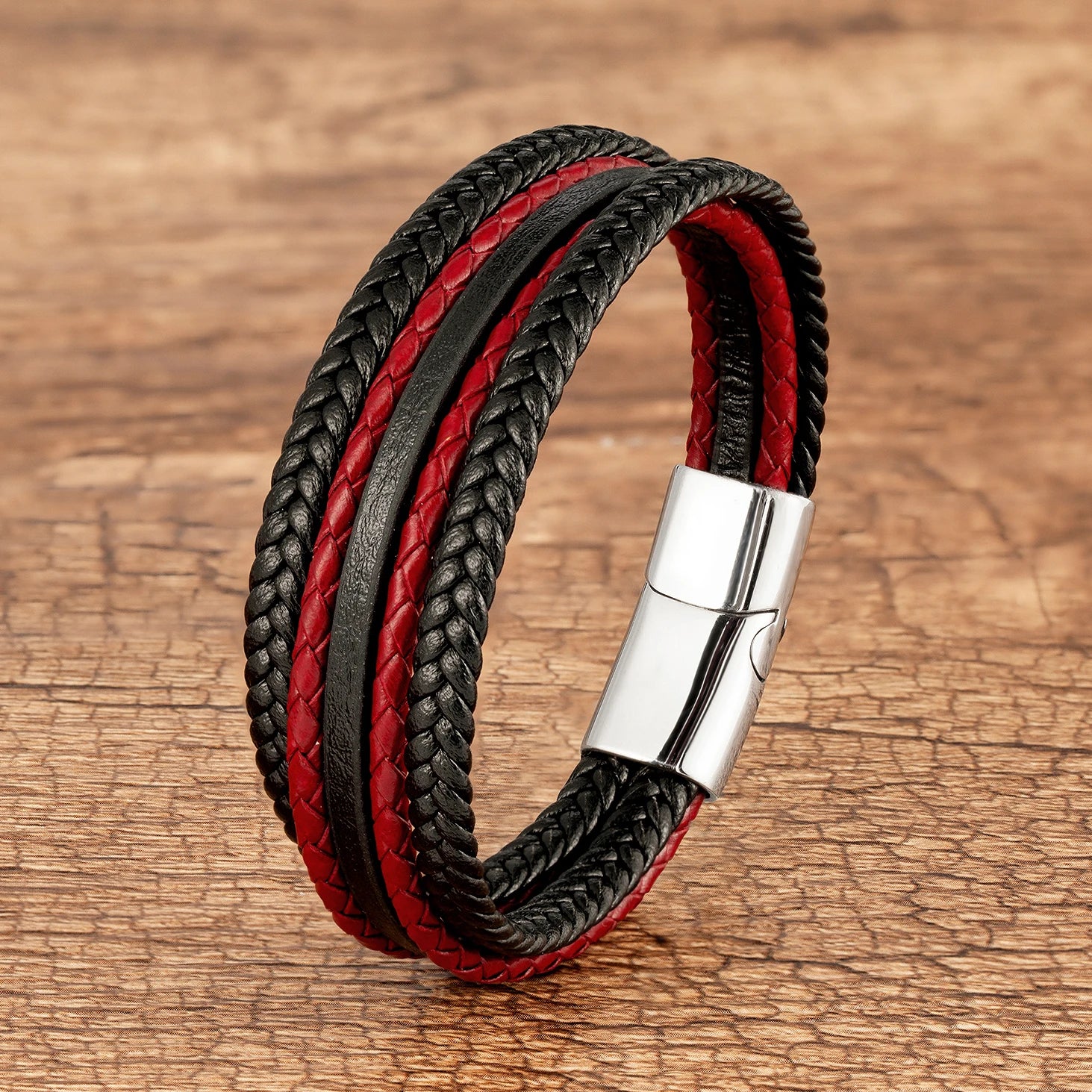 Classic Multilayer Weave Rope Men's Wrap Bracelet Vintage Black Red Genuine Leather Bracelet On Hand Male Wristband Jewelry