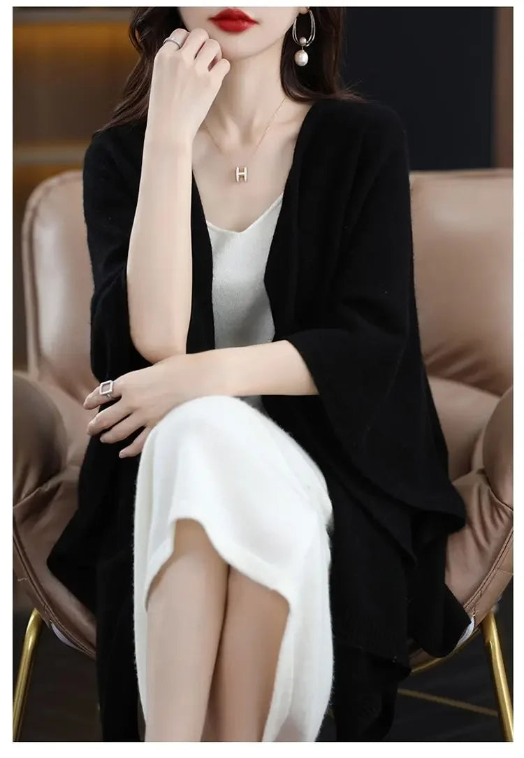 Shawl Cape Sweater Cardigan Women's 2024 Spring and Autumn New Style Outerwear Loose Knit Sweater Jacket Medium Long Style