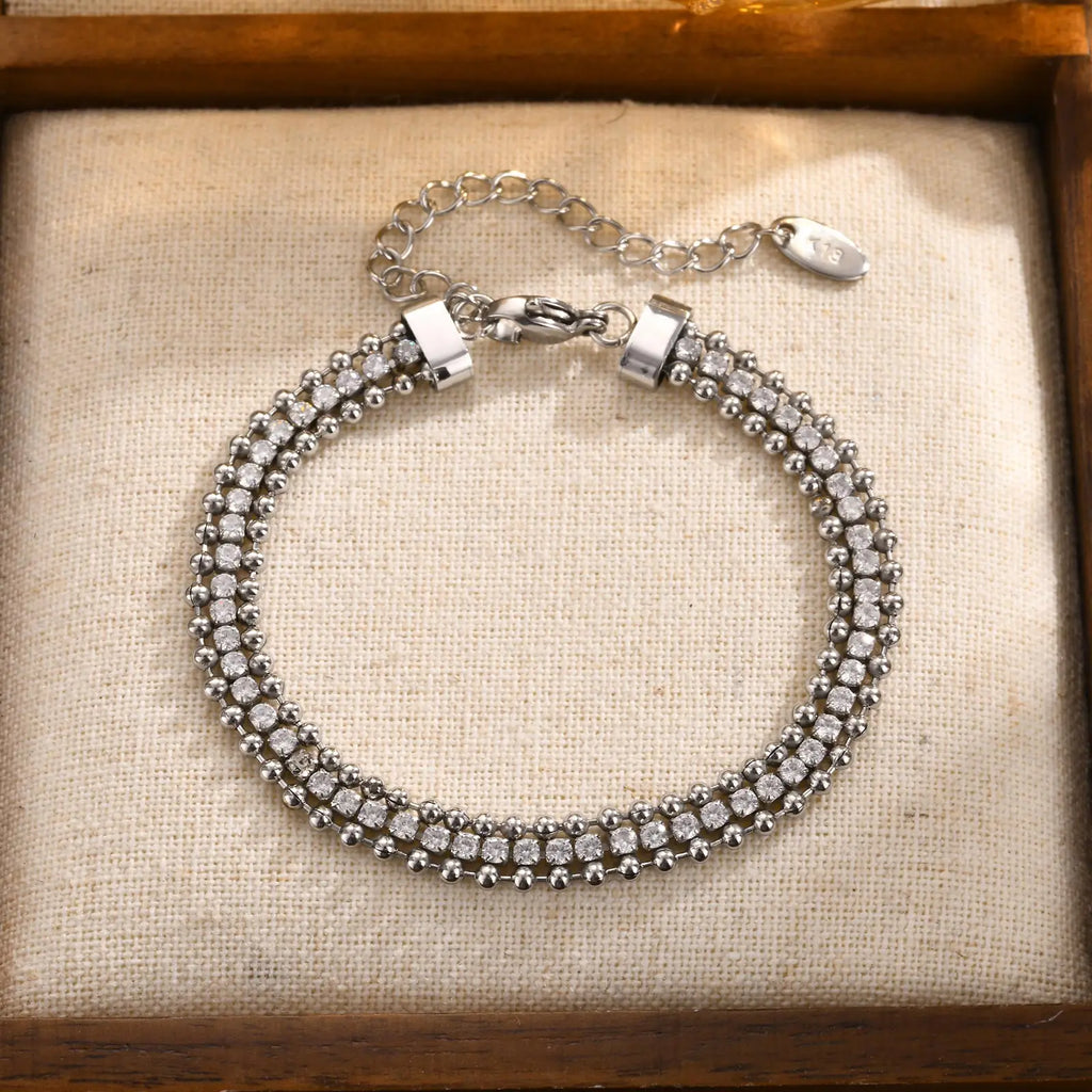 Tennis Bracelet for Women, Cubic Zirconia Chain Bracelet Adjustable,Stainless Steel Wave Bead Chain Three-layer Bracelet Jewelry
