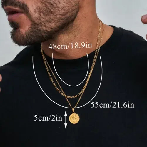 Layered Necklaces for Men Sailing Travel Compass Pendant Stainless Steel Cuban Figaro Wheat Chain Casual Retro Collar