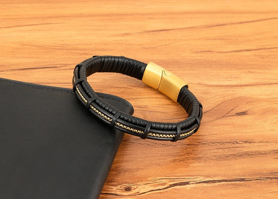 XQNI Stainless Steel Leather Bracelet For Mens Chain Charm Jewelry Magnetic Clasp Bangle for Dad Boyfriend Lover Birthday Gifts