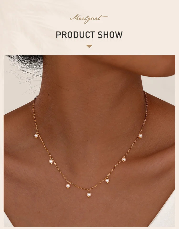 Pearl Choker Necklace for Women, 18K Gold Plated Stainless Steel Chain Necklace Adjustable, Everyday Jewelry Gift