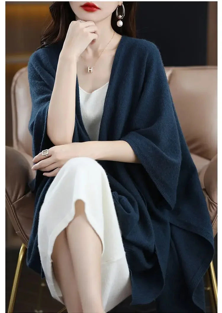Shawl Cape Sweater Cardigan Women's 2024 Spring and Autumn New Style Outerwear Loose Knit Sweater Jacket Medium Long Style