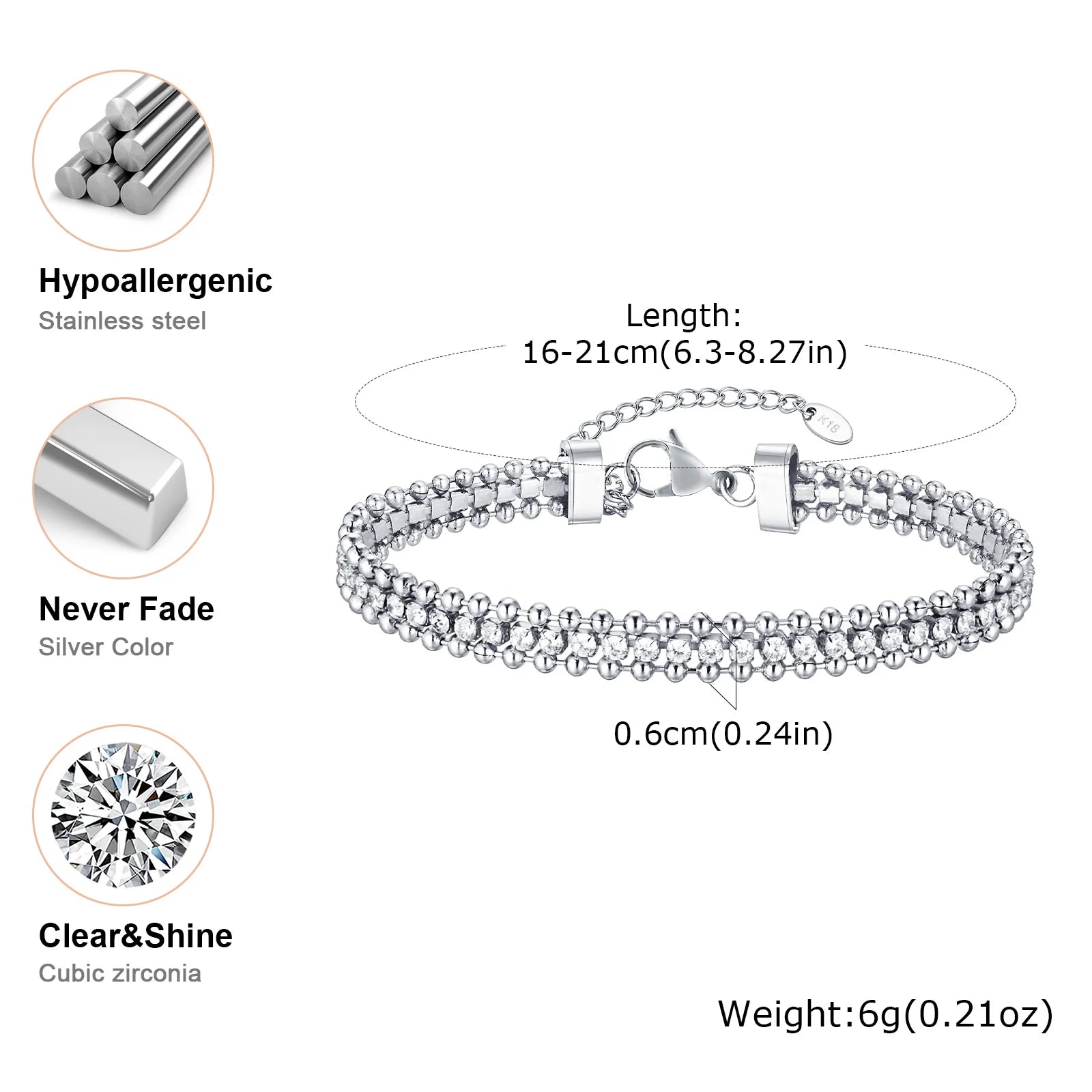 Tennis Bracelet for Women, Cubic Zirconia Chain Bracelet Adjustable,Stainless Steel Wave Bead Chain Three-layer Bracelet Jewelry