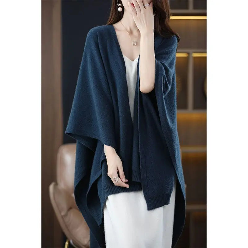 Shawl Cape Sweater Cardigan Women's 2024 Spring and Autumn New Style Outerwear Loose Knit Sweater Jacket Medium Long Style